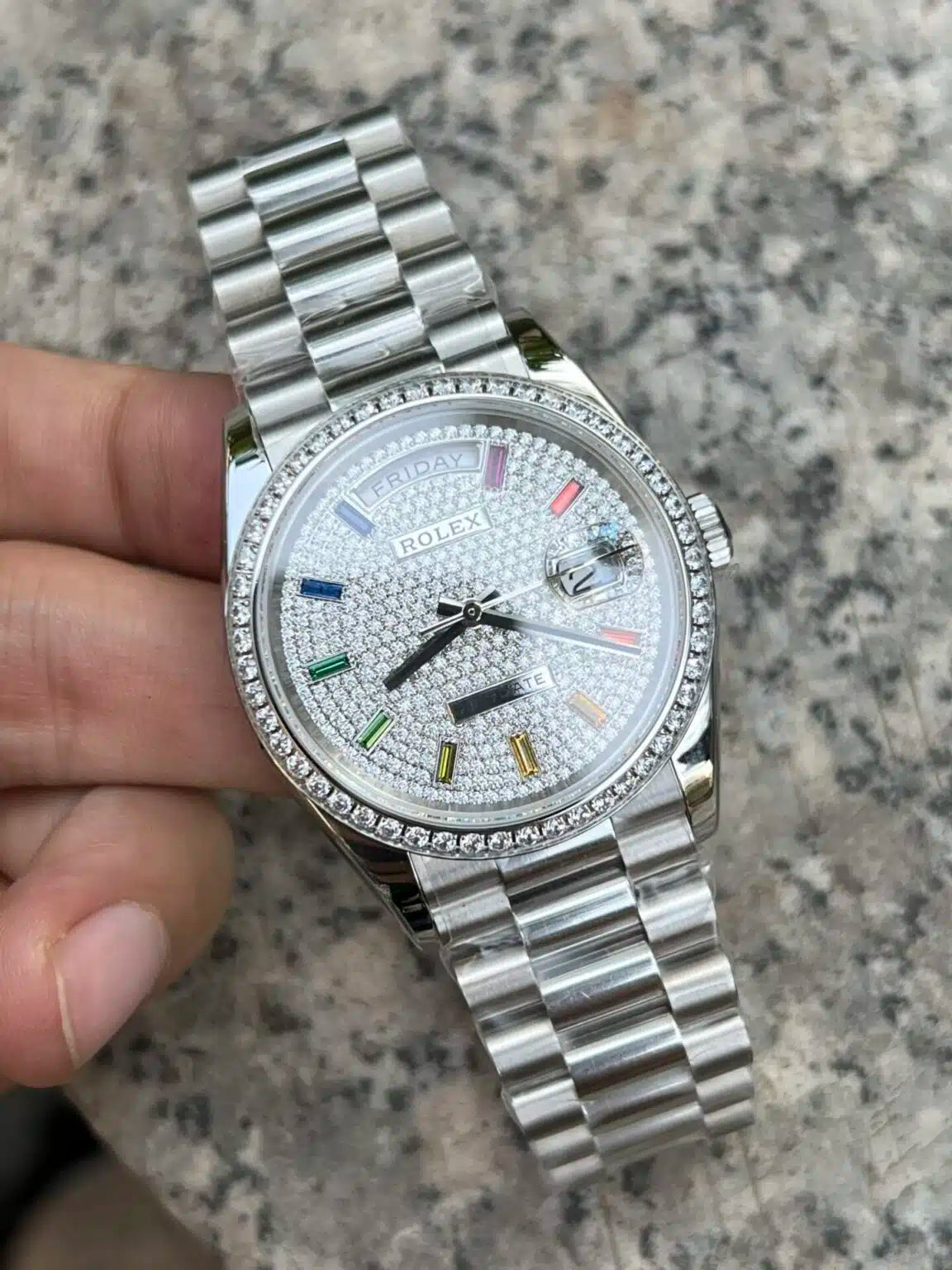 Rolex Day-Date 36mm White Gold  Paved Rainbow