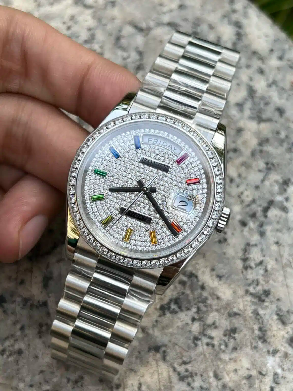 Rolex Day-Date 36mm White Gold  Paved Rainbow