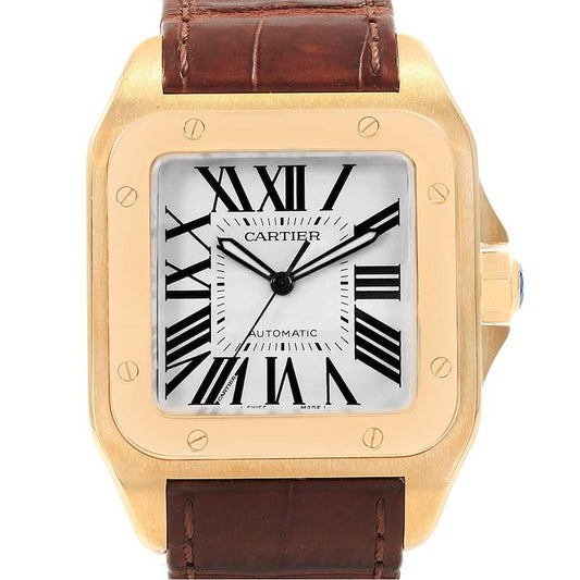 Cartier Santos 100 Yellow Gold Brown Strap Mens Watch