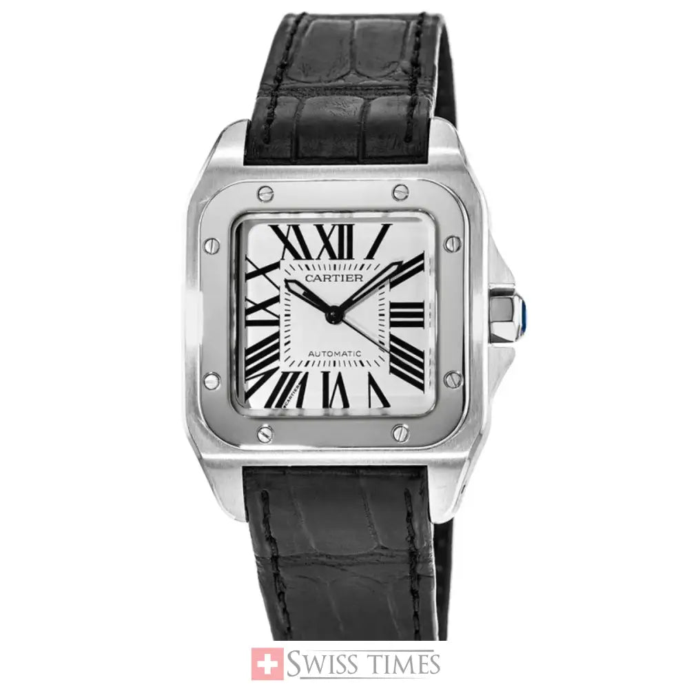 Cartier Santos Watch 40mm Black Leather Strap White Dial
