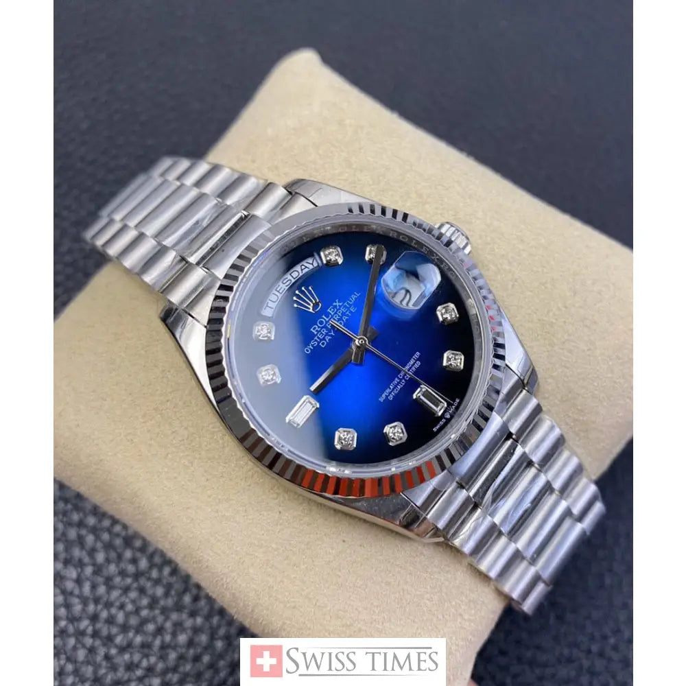 D-Date 36 President White Gold Blue Baguette Dial