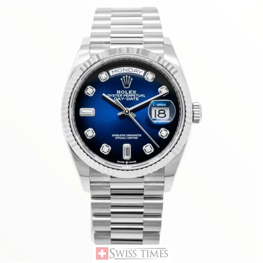 D-Date 36 President White Gold Blue Baguette Dial