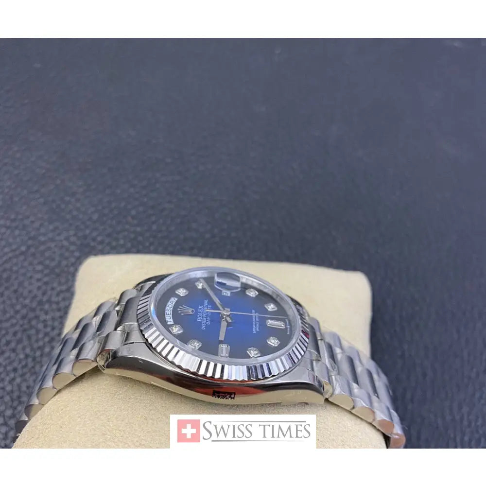 D-Date 36 President White Gold Blue Baguette Dial