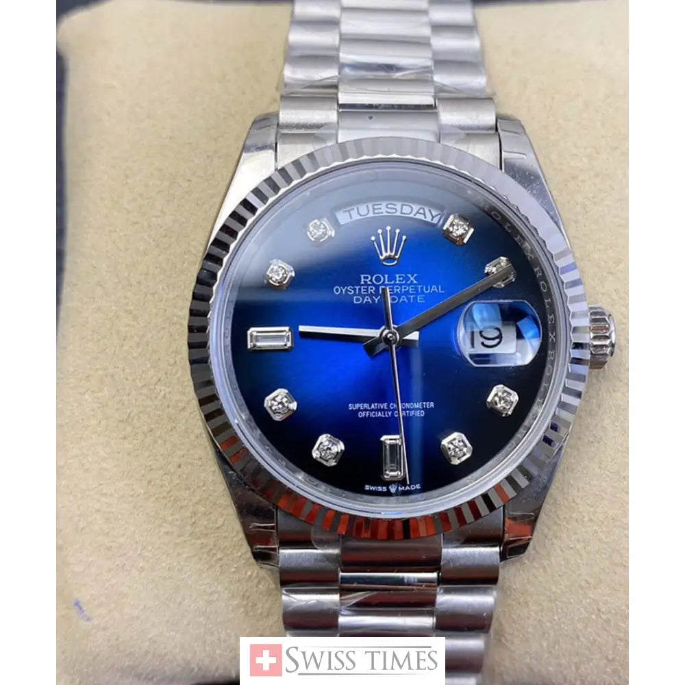 D-Date 36 President White Gold Blue Baguette Dial