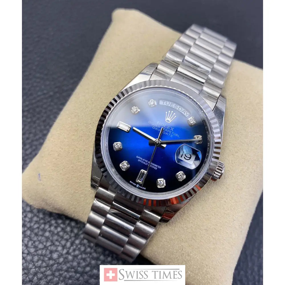 D-Date 36 President White Gold Blue Baguette Dial
