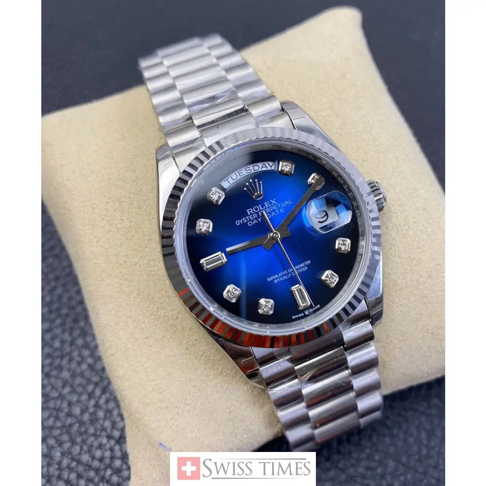 D-Date 36 President White Gold Blue Baguette Dial