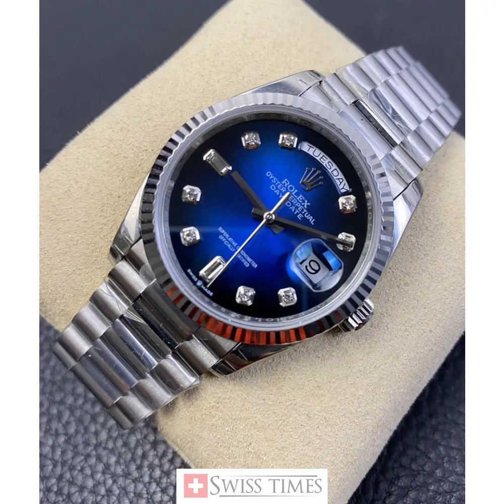 D-Date 36 President White Gold Blue Baguette Dial