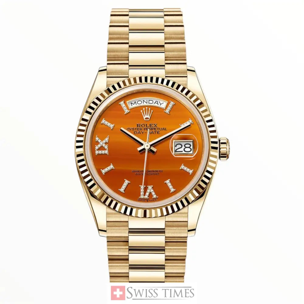 D-Date 36 Yellow Gold Carnelian Orange Diamond Roman VI IX Dial & Fluted Bezel President Bracelet