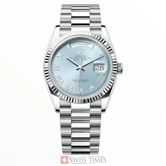 D-Date 36mm President Platinum Watch Ice Blue Roman Dial