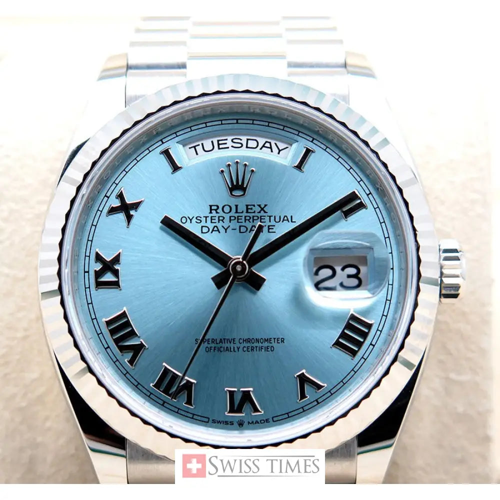 D-Date 36mm President Platinum Watch Ice Blue Roman Dial