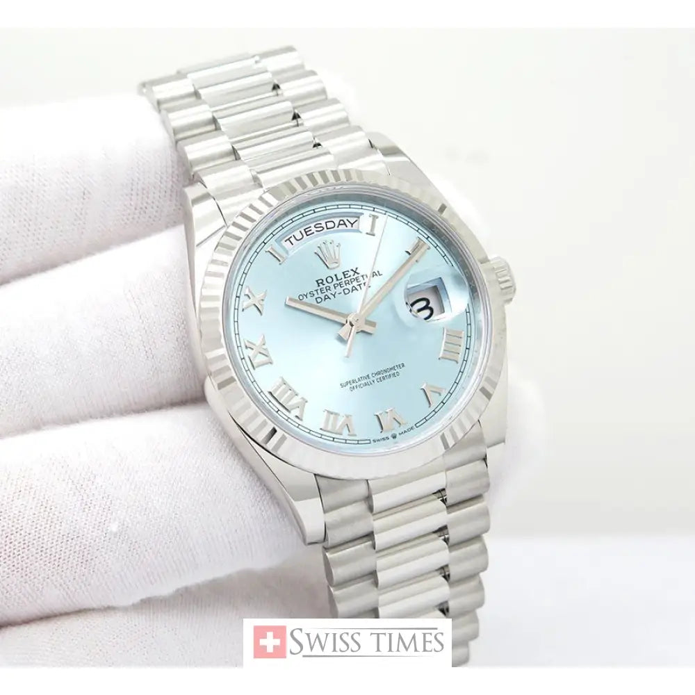D-Date 36mm President Platinum Watch Ice Blue Roman Dial