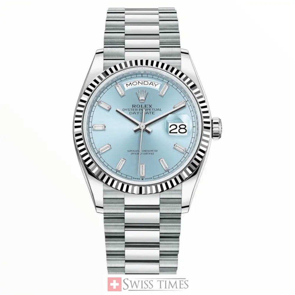 D-Date 36mm President Platinum Watch Ice Blue Roman Dial With Diamonds Baguette