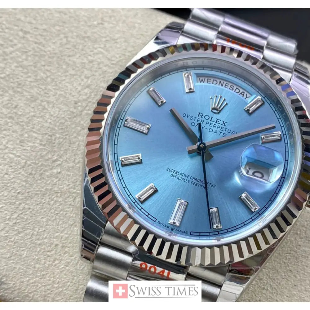 D-Date 36mm President Platinum Watch Ice Blue Roman Dial With Diamonds Baguette