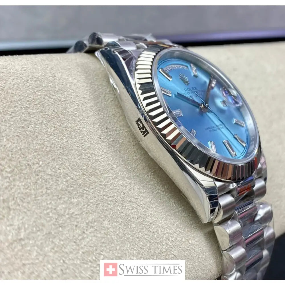 D-Date 36mm President Platinum Watch Ice Blue Roman Dial With Diamonds Baguette