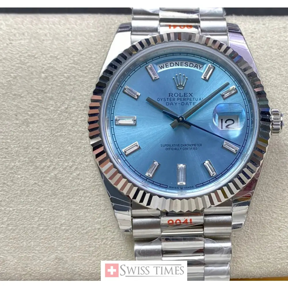 D-Date 36mm President Platinum Watch Ice Blue Roman Dial With Diamonds Baguette