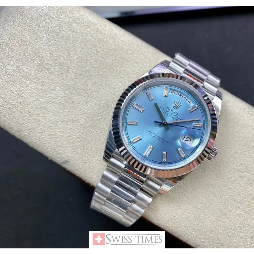 D-Date 36mm President Platinum Watch Ice Blue Roman Dial With Diamonds Baguette
