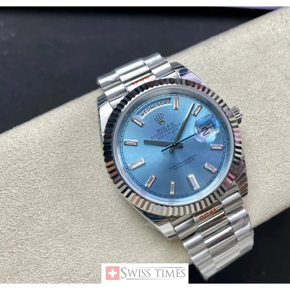 D-Date 36mm President Platinum Watch Ice Blue Roman Dial With Diamonds Baguette
