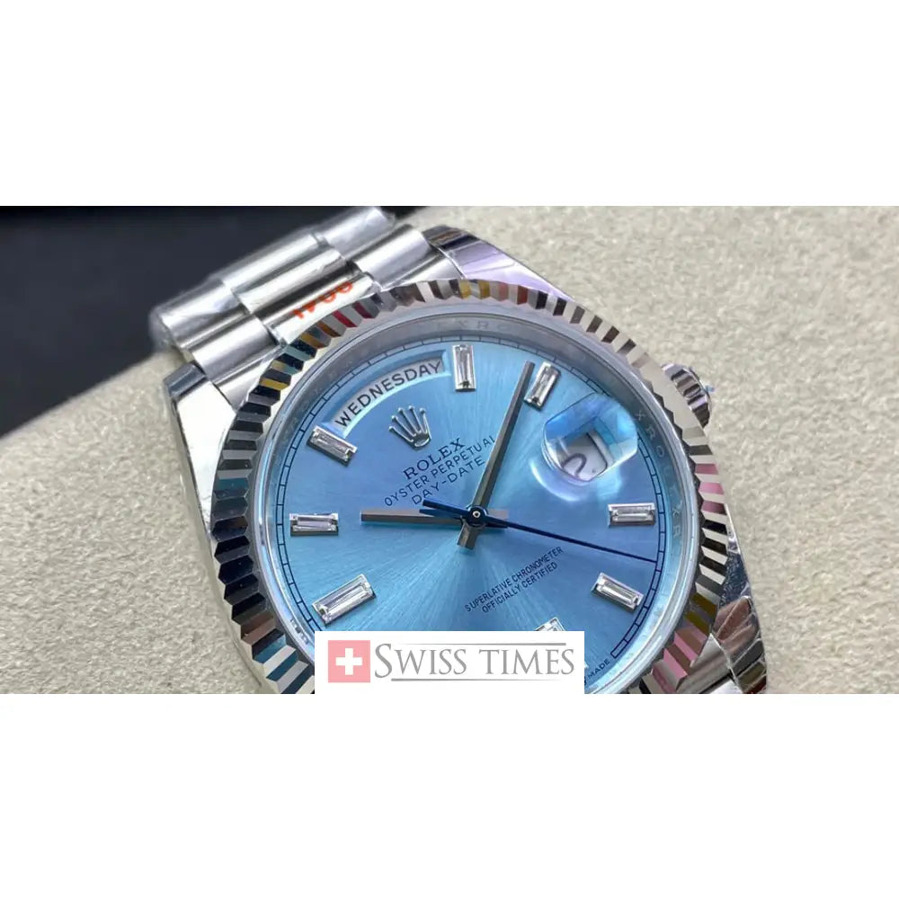 D-Date 36mm President Platinum Watch Ice Blue Roman Dial With Diamonds Baguette