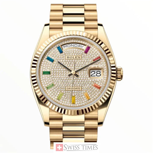 D-Date 36mm Yellow Gold Paved Rainbow Fluted Bezel 36mm