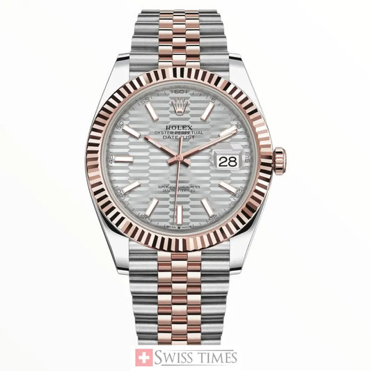 Date-Just Rose Gold/Steel Silver Fluted Motif Index Dial Fluted Bezel Jubilee 41mm
