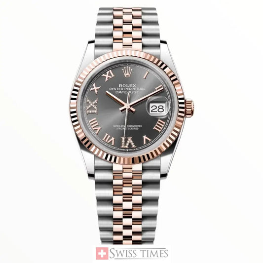 Date-Just Two Tone Pink Gold Grey Rhodium Roman Dial Jubilee