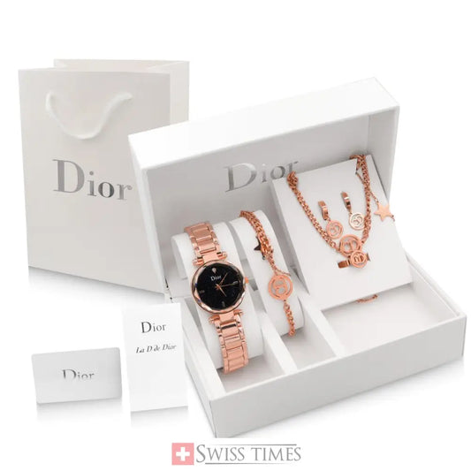 Dior Full Set Rose Gold Watch/Bracelet/Ring/Earrings/Necklace