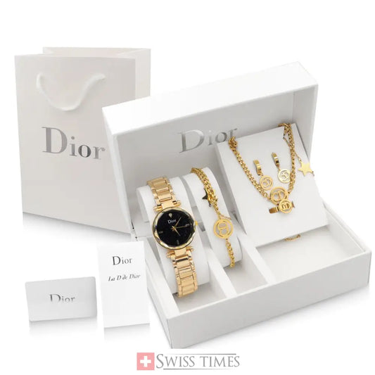 Dior Full Set Yellow Gold Watch/Bracelet/Ring/Earrings/Necklace