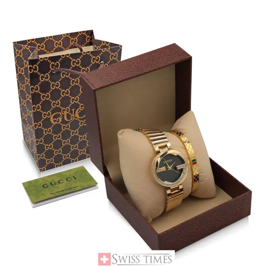 Gucci Watch Set And Bracelet Yellow Gold