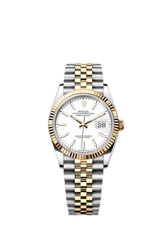 Rolex 36MM Datejust Two Tone Yellow Gold White Dial Jubilee