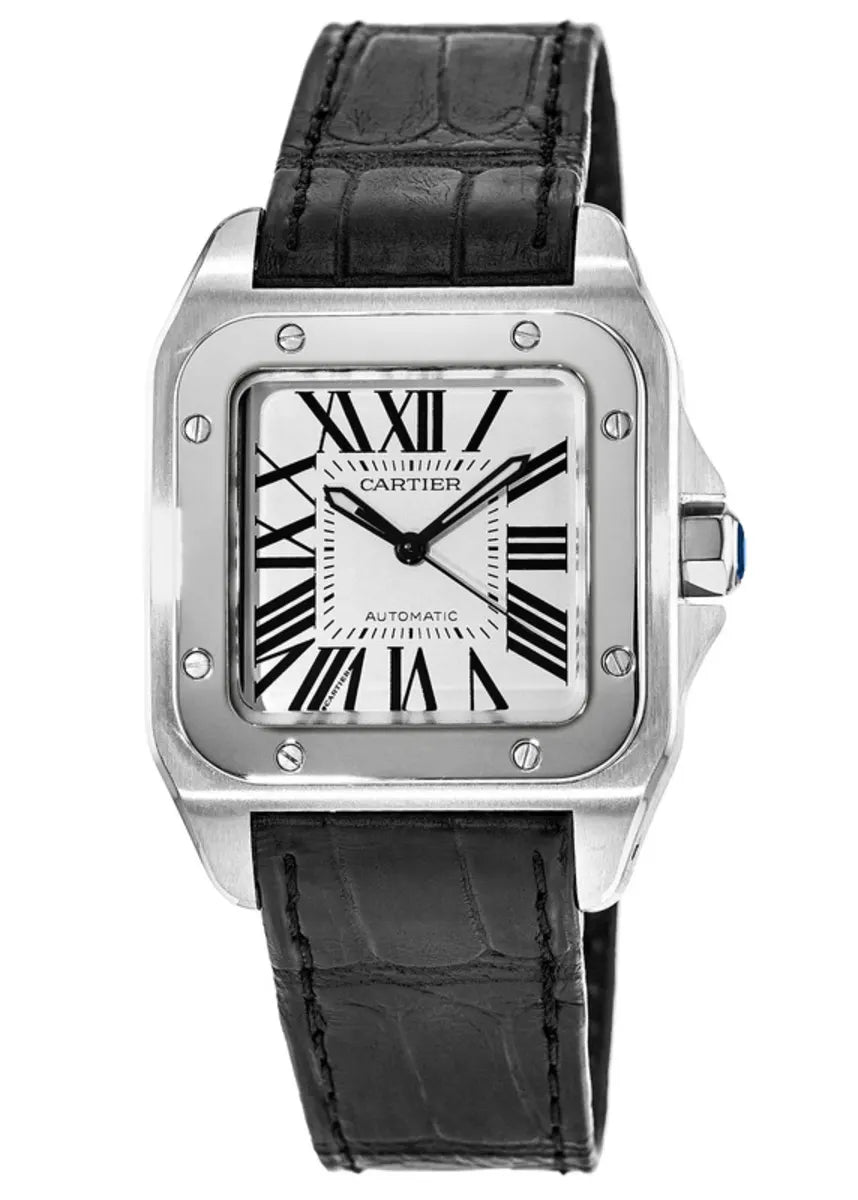 Cartier Santos Watch 40mm Black Leather Strap White Dial